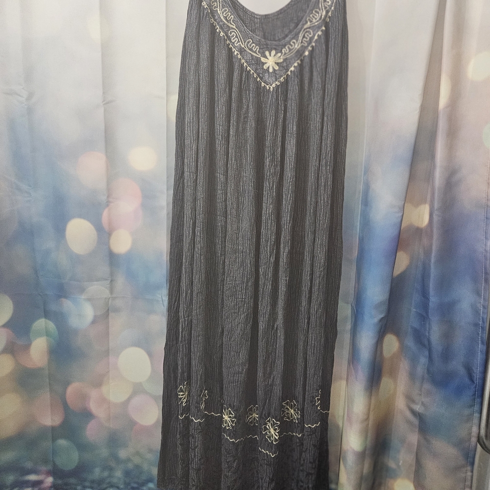 Ingear Dark Charcoal Maxi Dress with Gold Embroidered Whimsical Design OS